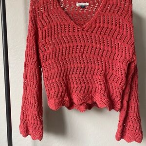 American Eagle Outfitters Open-Knit V-Neck Sweater in Coral Red